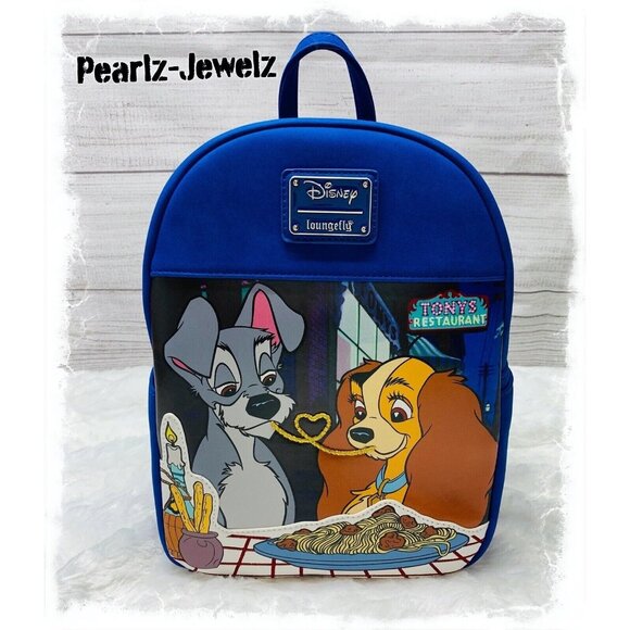 Loungefly Disney Lady & the Tramp Spaghetti Dinner Picnic Blue Mini Backpack NWT main image 4